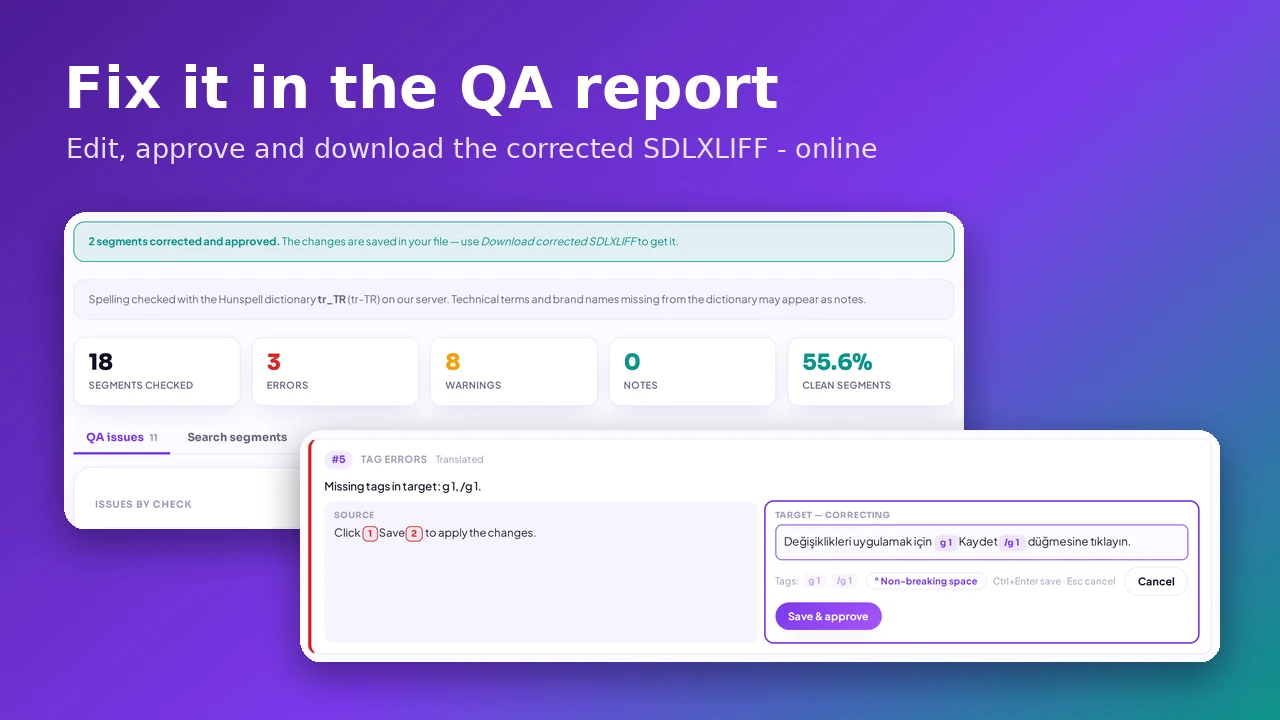 QA रिपोर्ट में ही गलती सुधारें: SDLXLIFF को ऑनलाइन एडिट करें, अप्रूव करें और डाउनलोड करें