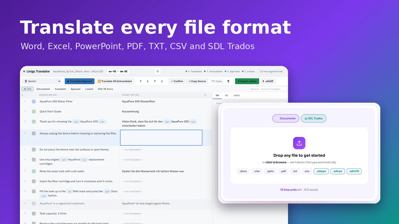 دليل ترجمة جميع صيغ الملفات عبر الإنترنت: Word وExcel وPowerPoint وPDF وTXT وCSV وSDL Trados