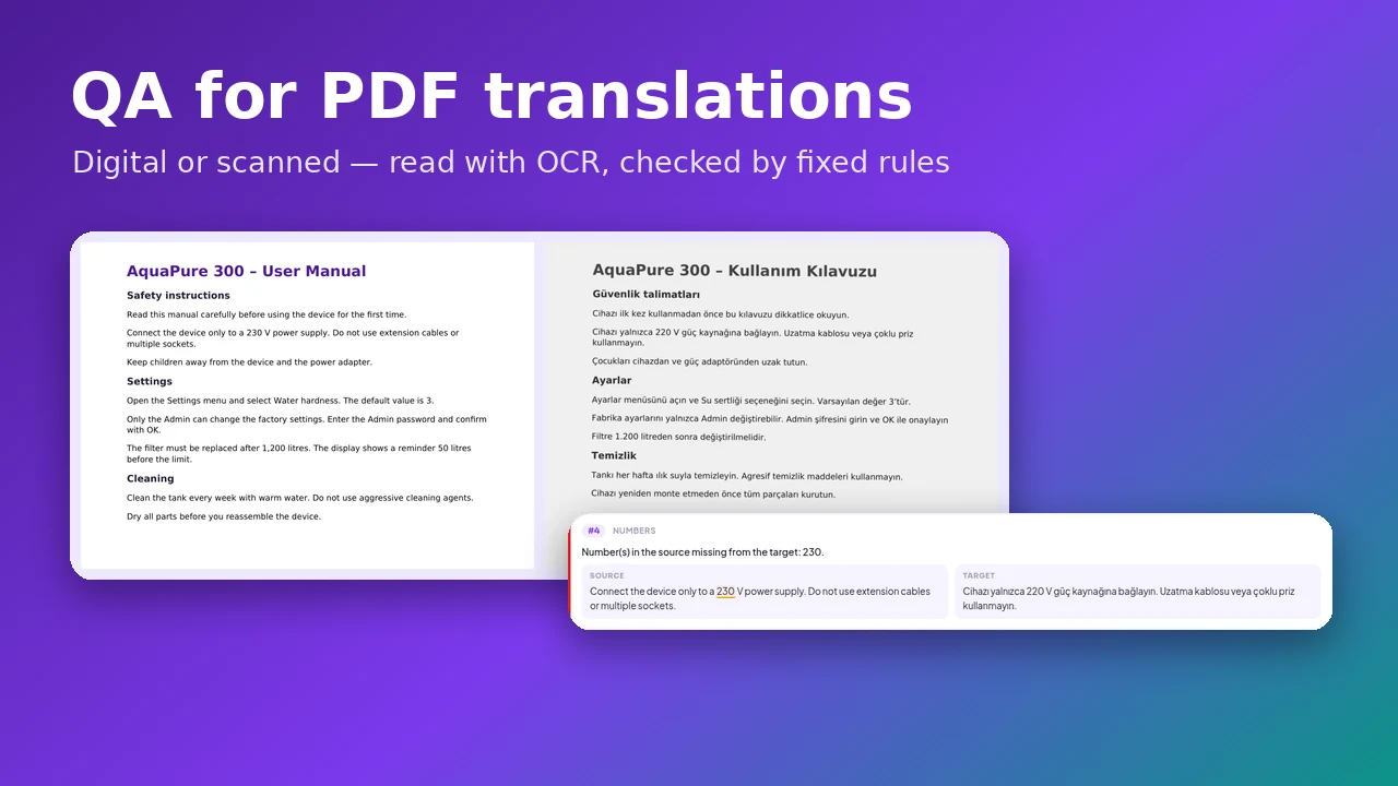 Kvalitetskontroll av PDF-oversettelser, også skannede: sammenlign en oversatt PDF med originalen