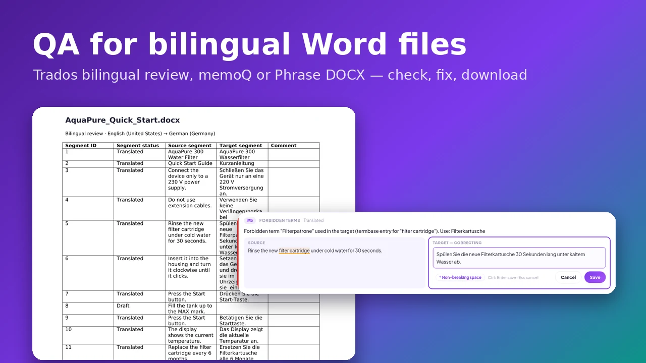 Kvalitetskontroll av tospråklige Word-filer: Trados Bilingual Review, memoQ- og Phrase-DOCX på nett