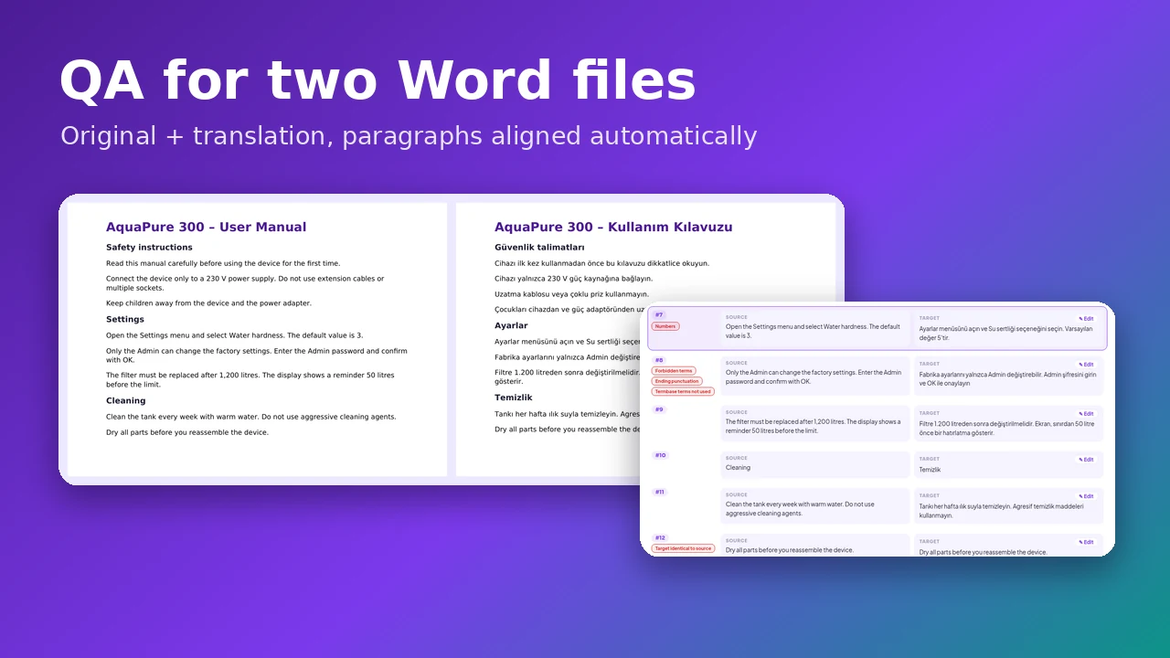Kvalitetskontroll av to separate Word-filer: sammenlign en oversettelse med originalen på nett