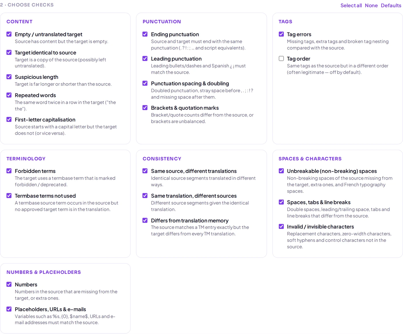 Sélection des vérifications regroupées par contenu, ponctuation, balises, terminologie, cohérence, espaces et nombres