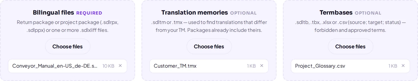 Zone d'import de l'outil de contrôle qualité avec un fichier SDLXLIFF bilingue, une mémoire de traduction TMX et une base terminologique CSV