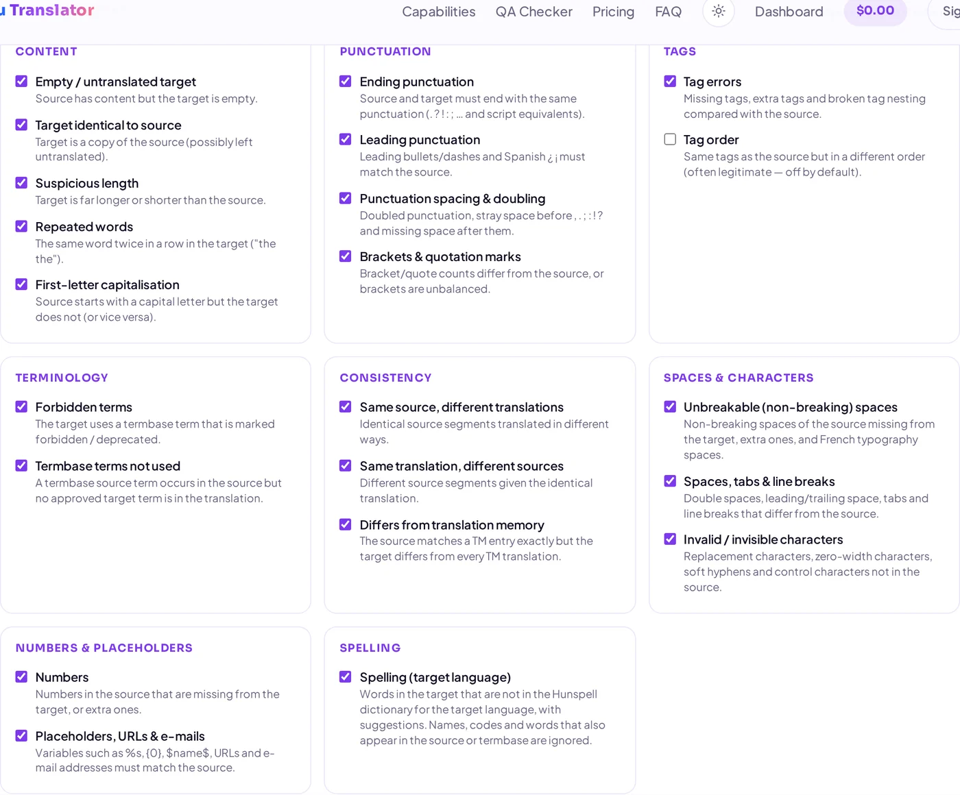 Sélection des contrôles du QA Checker, dont la nouvelle vérification orthographique