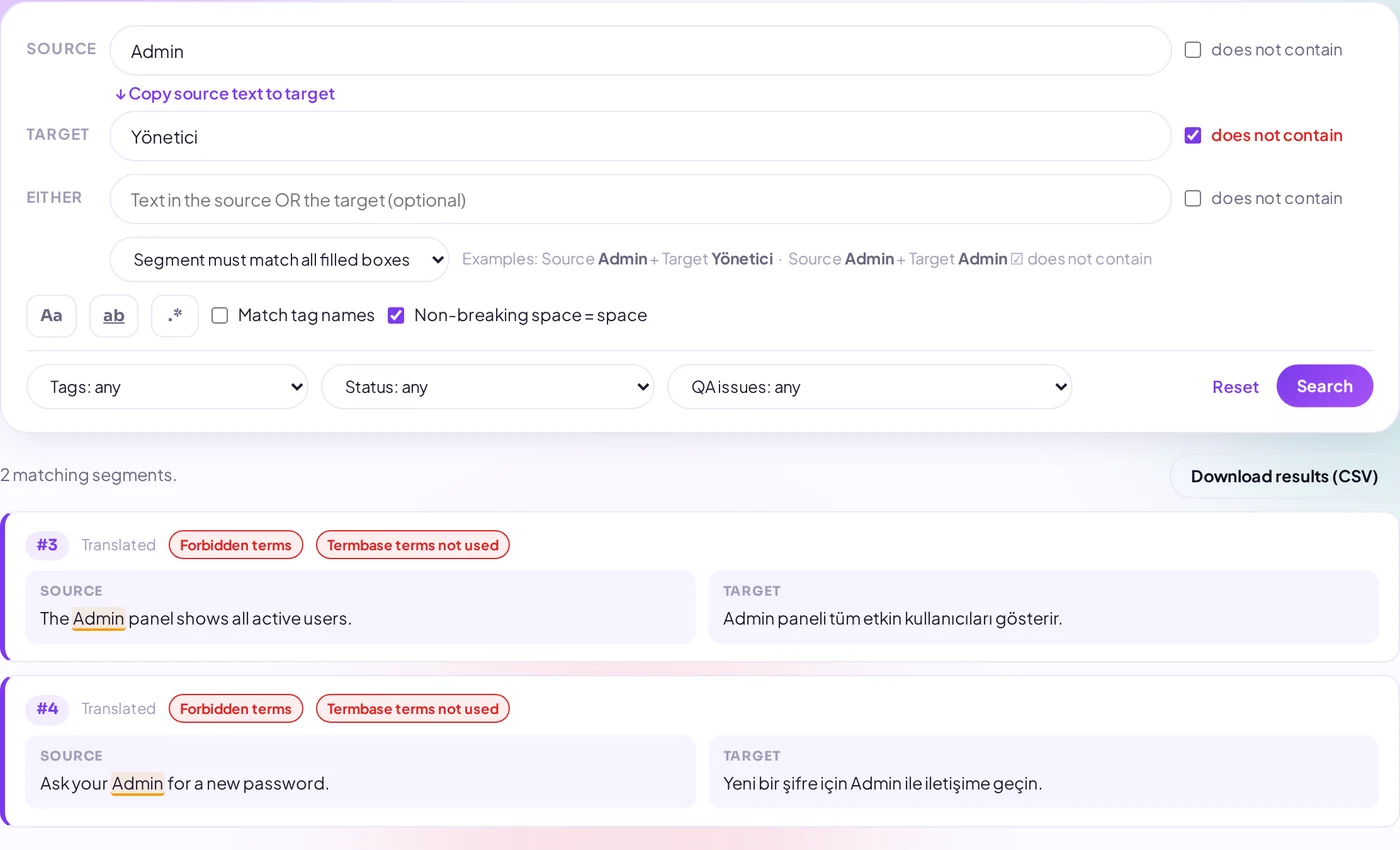 Recherche dans le QA Checker : la source contient Admin et la cible ne contient pas Yönetici, deux segments trouvés