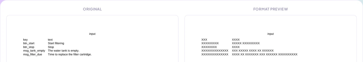 CSV app strings file in the preview with key and text columns