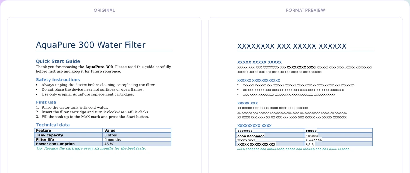 PDF preview with the original page and the format preview showing the preserved layout