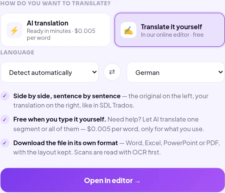 Auswahl „Translate it yourself“ bei Linigu Translator mit Ausgangs- und Zielsprache Deutsch