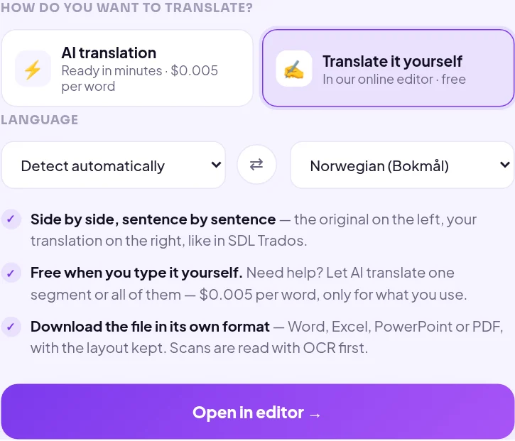 Valget «Translate it yourself» i Linigu Translator med norsk som målspråk