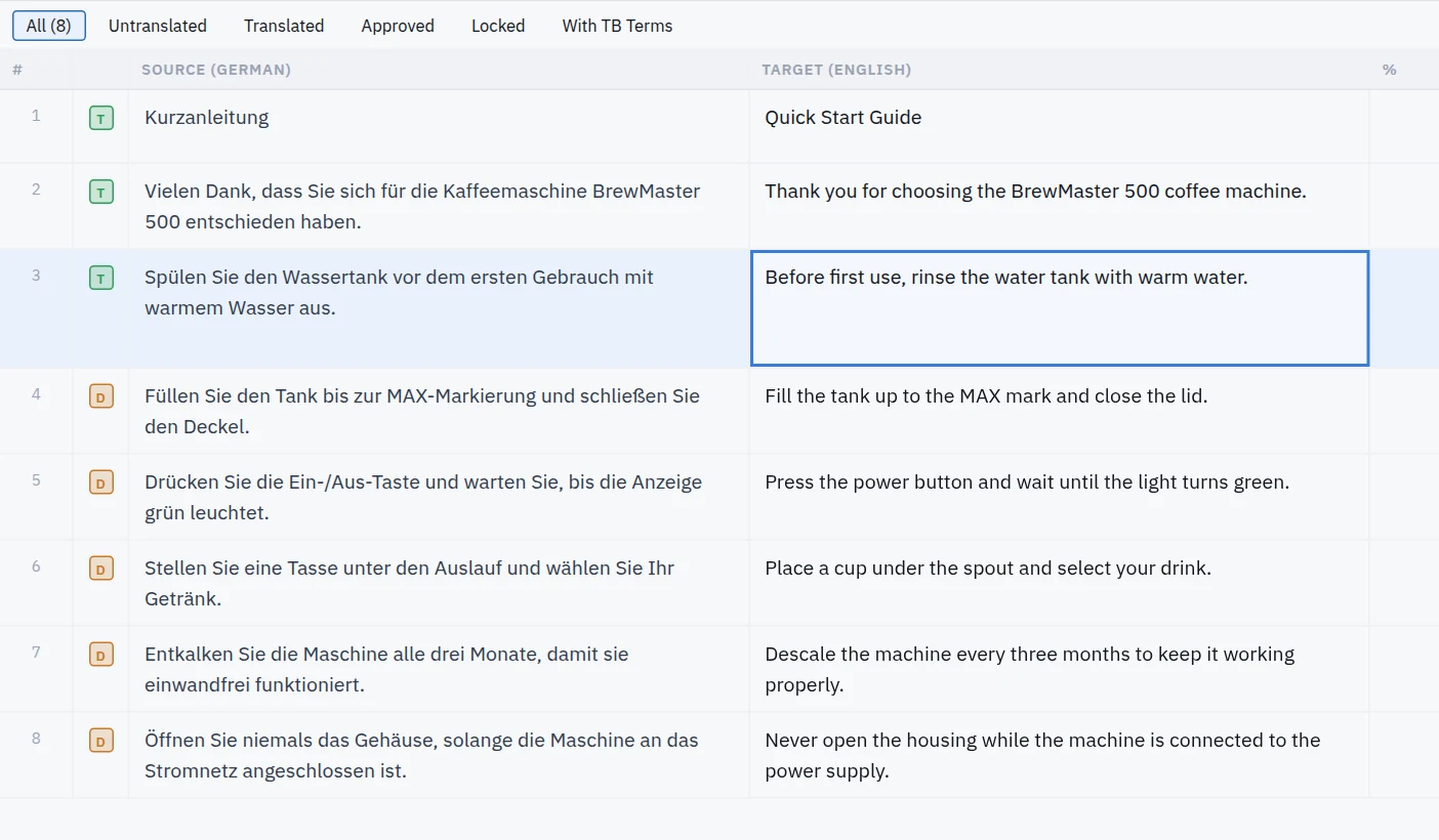 Online CAT editor with source and target segments side by side, as in Trados Studio