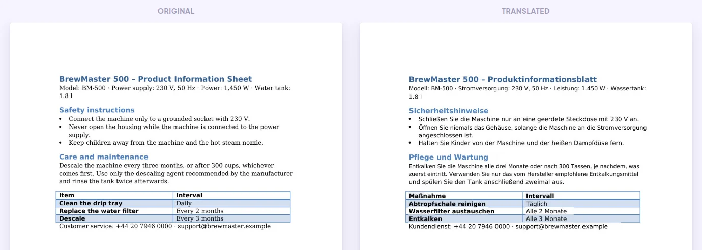PDF vom Englischen ins Deutsche übersetzt: links das Original, rechts die Übersetzung im gleichen Layout