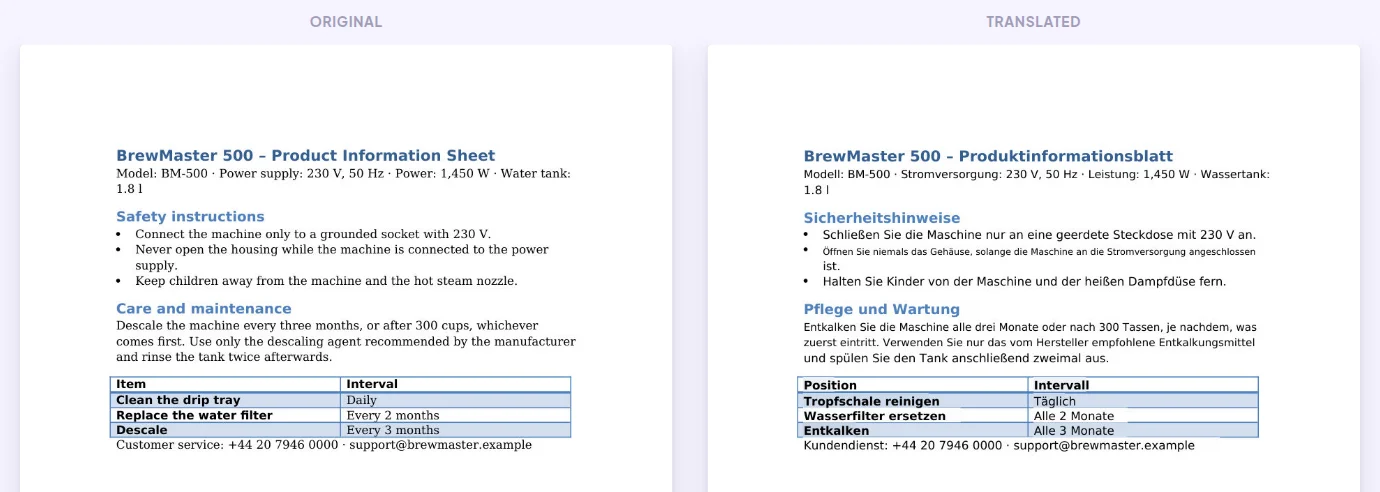 PDF translated from English into German: original on the left, translation on the right, same layout