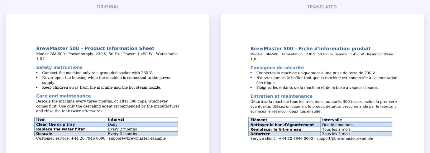 PDF traduit de l’anglais vers le français : original à gauche, traduction à droite, même mise en page