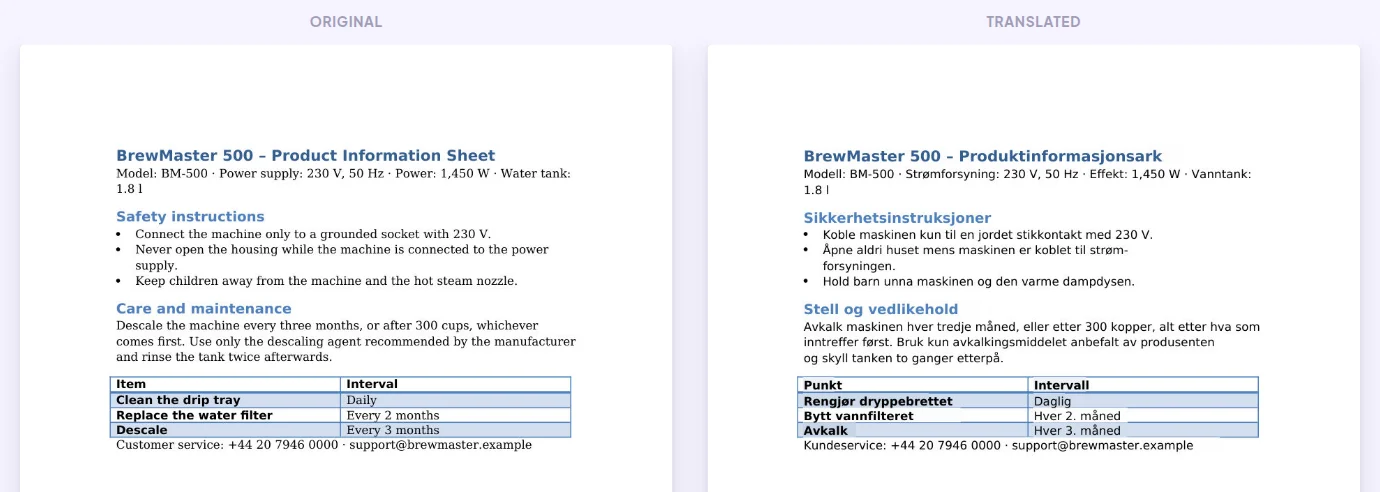 PDF oversatt fra engelsk til norsk: originalen til venstre, oversettelsen til høyre i samme layout