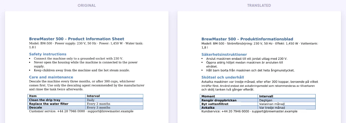 PDF översatt från engelska till svenska: originalet till vänster, översättningen till höger i samma layout