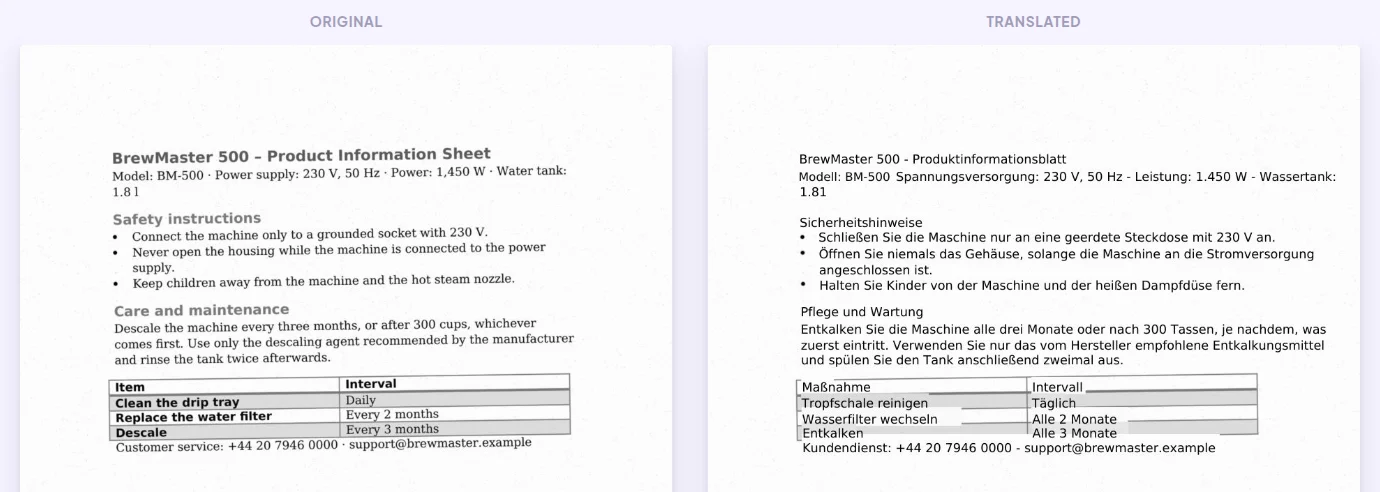 Scanned PDF translated with OCR: German text placed over the original scan, table kept