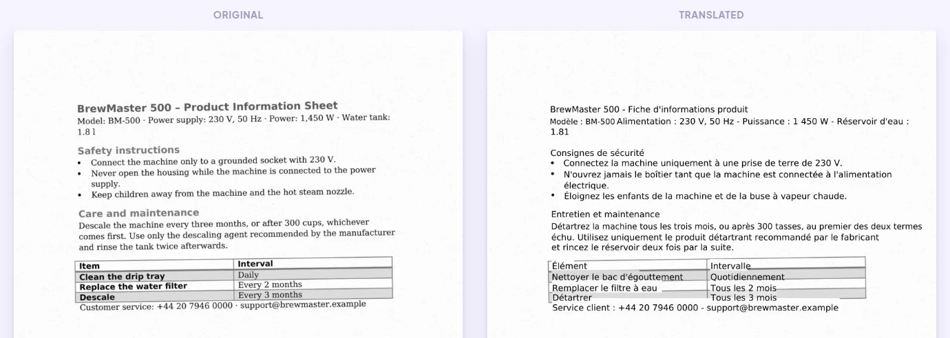 PDF scanné traduit par OCR : texte français placé sur le scan d’origine, tableau conservé