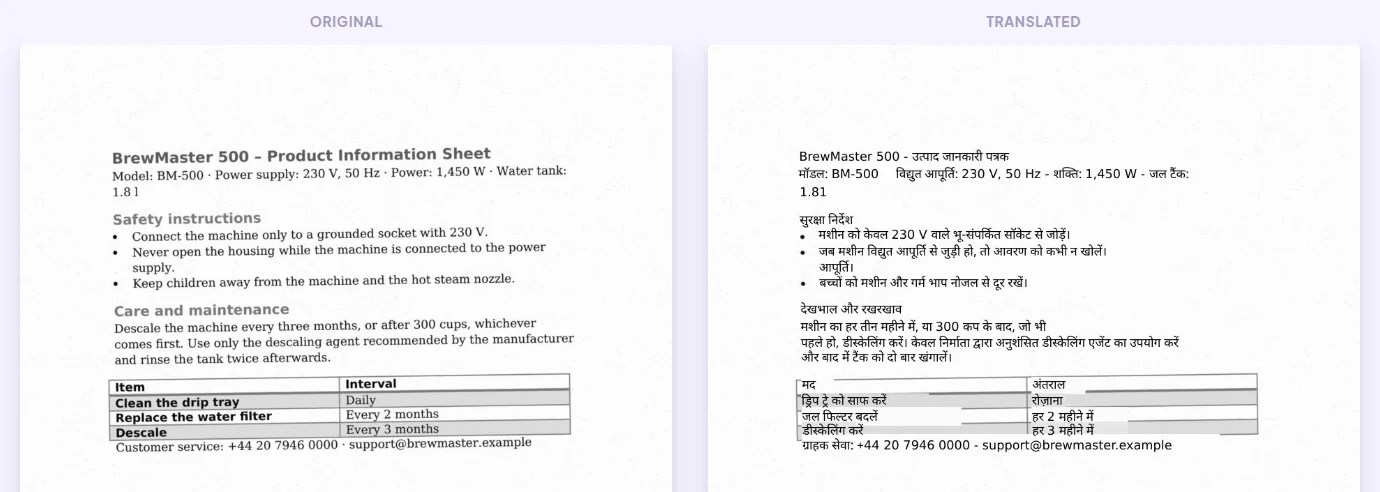 OCR से अनुवादित स्कैन PDF: हिंदी टेक्स्ट मूल स्कैन पर, टेबल सुरक्षित