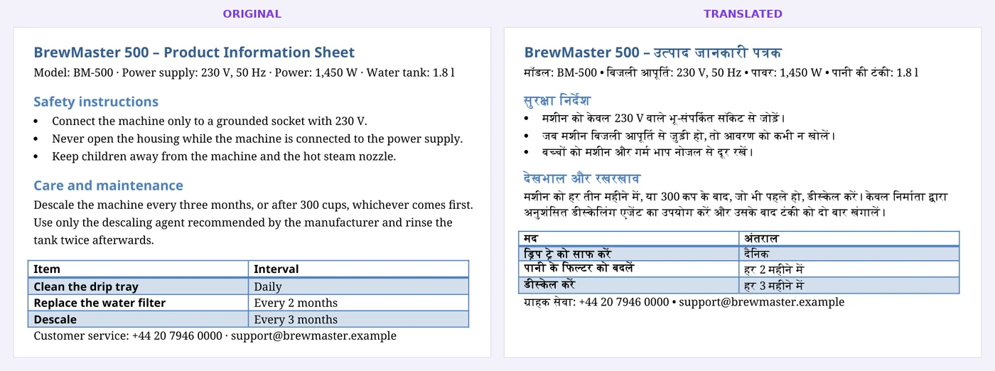 अंग्रेज़ी से हिंदी में अनुवादित Word फ़ाइल, हेडिंग, लिस्ट और टेबल सुरक्षित