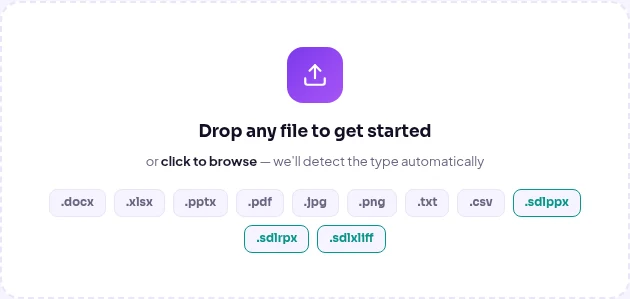Opplastingsfeltet i Linigu Translator for docx, xlsx, pptx, pdf, jpg, png, txt, csv og SDL Trados-filer