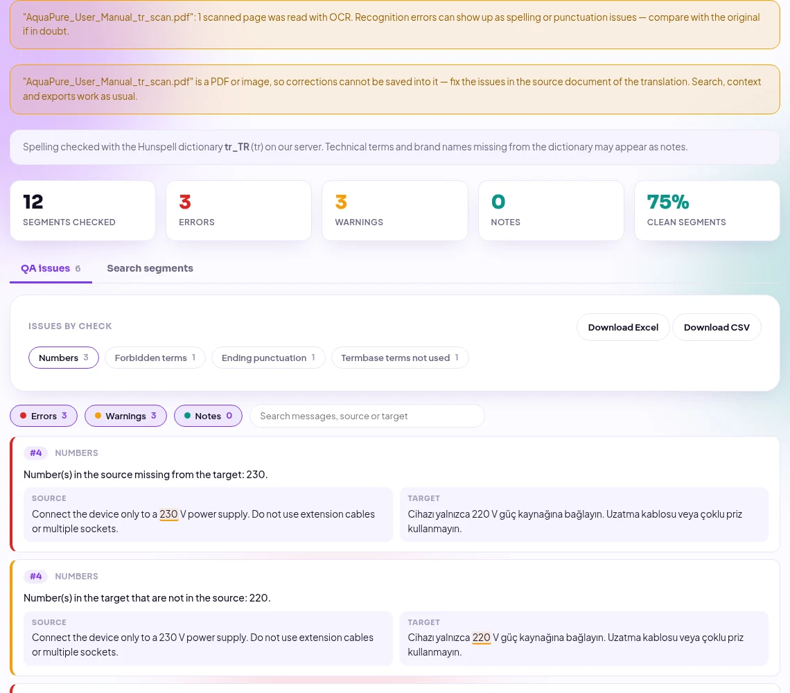 QA-rapport for en skannet PDF-oversettelse: OCR-merknad, merknad om skrivebeskyttelse, 12 segmenter kontrollert, 3 feil, 3 advarsler