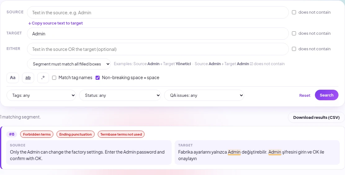 Fanen Search segments: oversettelsen inneholder Admin, ett treff med QA-problemene sine
