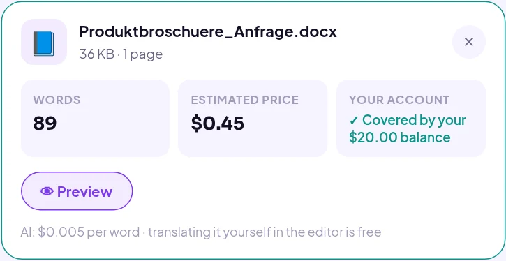 Linigu Translator: Dateikarte mit Wortzahl, voraussichtlichem Preis und Kontostand für eine Produktbroschüre