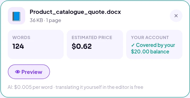 Linigu Translator file card showing the word count, the estimated price and the account balance for a product catalogue