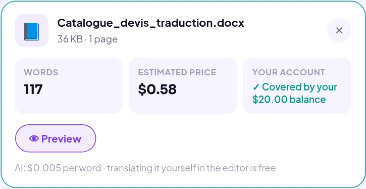 Linigu Translator : fiche du fichier avec le nombre de mots, le prix estimé et le crédit disponible pour un catalogue