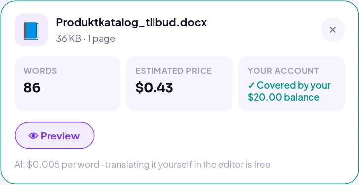 Linigu Translator: filkort med antall ord, anslått pris og saldo for en produktkatalog