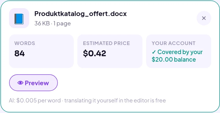Linigu Translator: filkort med antal ord, beräknat pris och saldo för en produktkatalog