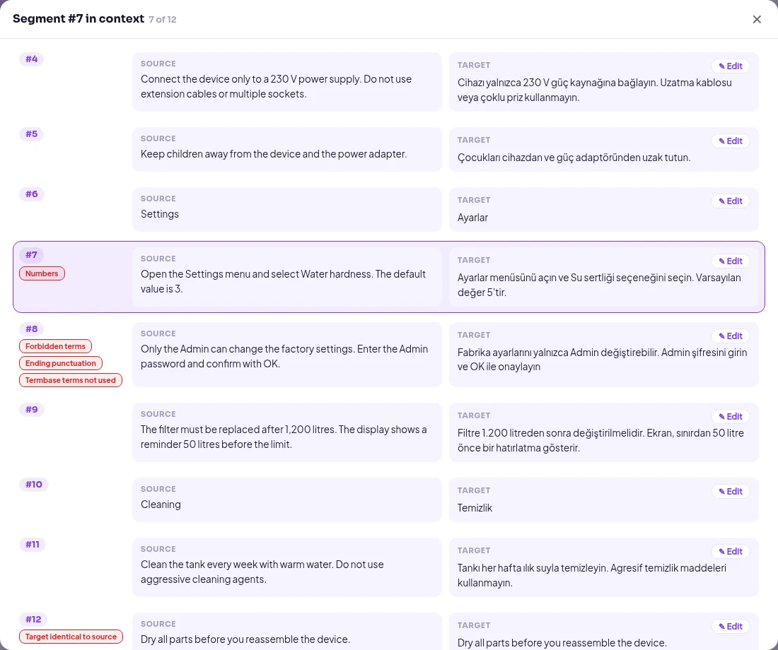 Kontekstvisning: avsnitt 4 til 12 i originalen og oversettelsen side om side, med QA-problemene