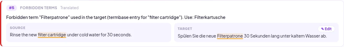 Forbudt term: Filterpatrone brukt i oversettelsen, termbasen krever Filterkartusche
