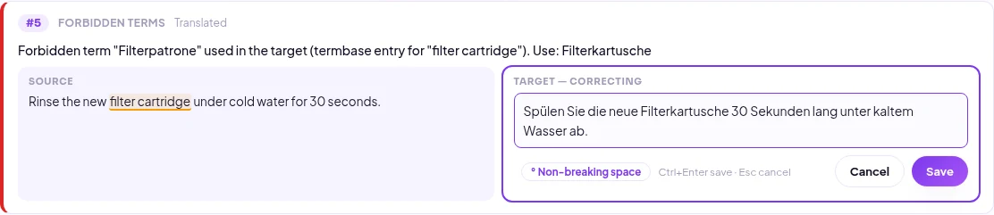 Redigering i QA-rapporten: den forbudte termen Filterpatrone erstattet med Filterkartusche