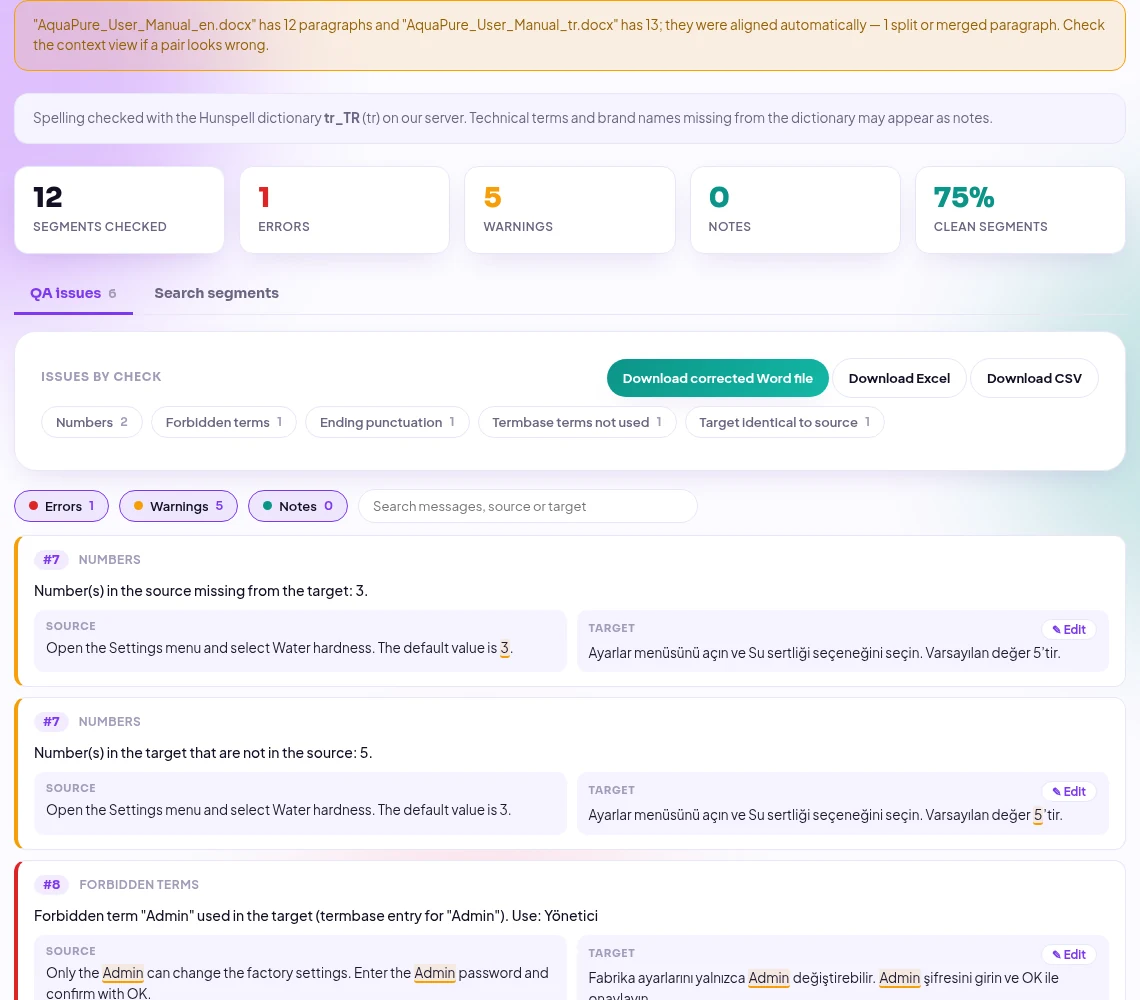 QA-rapport for to Word-filer: merknad om kobling av 12 og 13 avsnitt, problemer etter kontroll