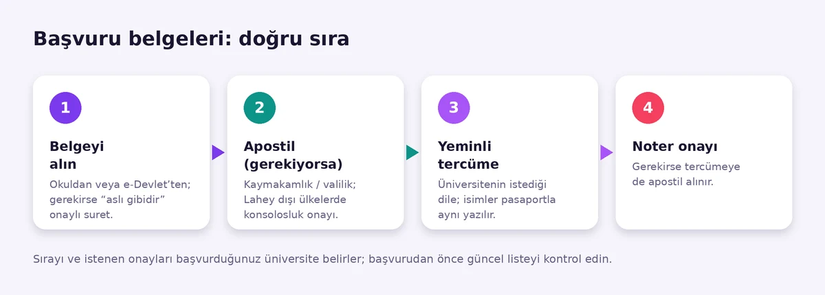 Yurt dışı başvuru belgeleri için doğru sıra: belgeyi alma, apostil, yeminli tercüme, noter onayı